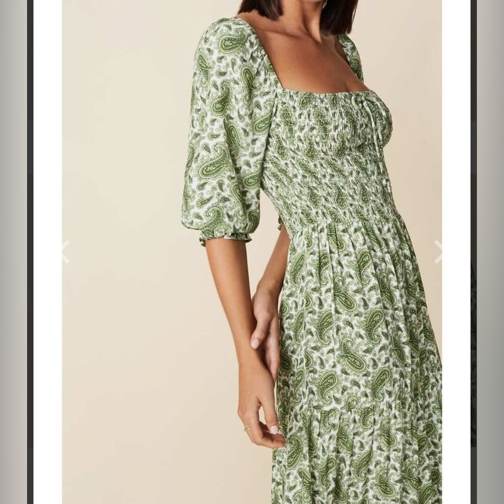 Faithfull the Brand Green Smocked Sundress with Puff Sleeves